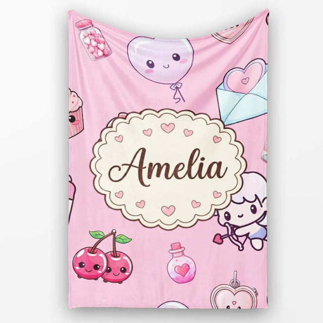 Cute Cupid Angels Hearts Sweets Lilac Background Seamless Pattern  Personalised Custom Name Super Soft Fleece Blanket Bed Sofa Throw