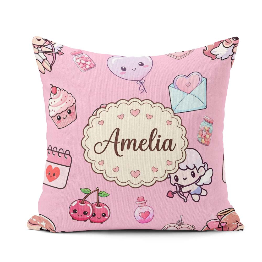 Custom Name Cupid Angels Hearts Sweets Lilac Background Seamless Square Filled Cushion Throw Pillow Sofa Bed Home Decor Zip Washable UK Made