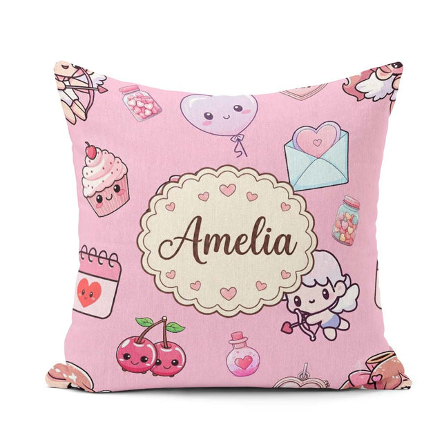 Custom Name Cupid Angels Hearts Sweets Lilac Background Seamless Square Filled Cushion Throw Pillow Sofa Bed Home Decor Zip Washable UK Made