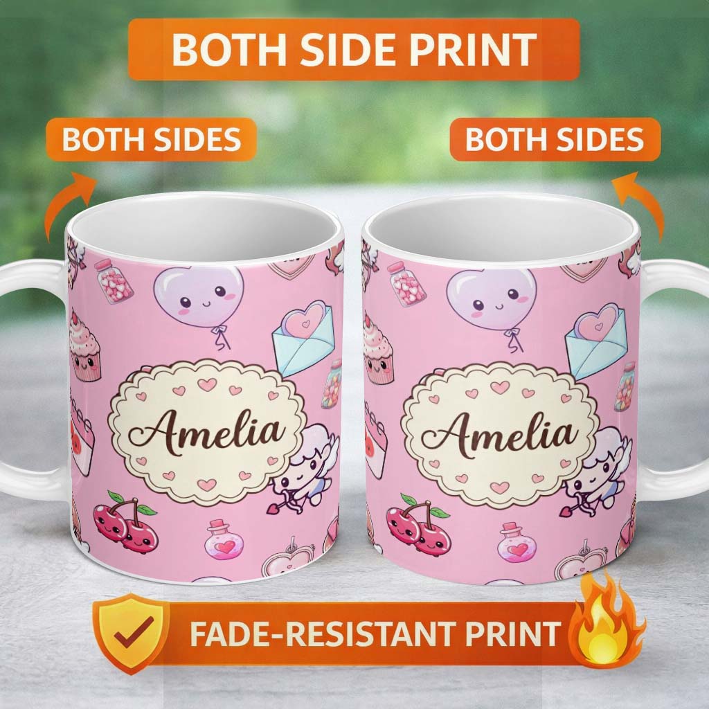 Personalized Custom Name Cute Cupid Angels Hearts Sweets Lilac Background Seamless Pattern 11oz Ceramic Coffee Tea Mug White Large Handle