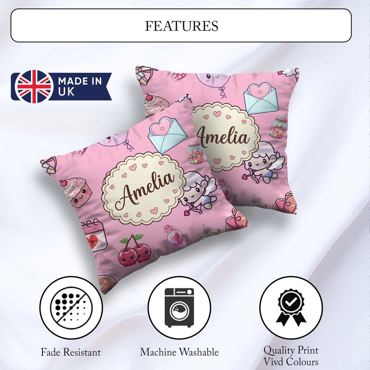Custom Name Cupid Angels Hearts Sweets Lilac Background Seamless Square Filled Cushion Throw Pillow Sofa Bed Home Decor Zip Washable UK Made