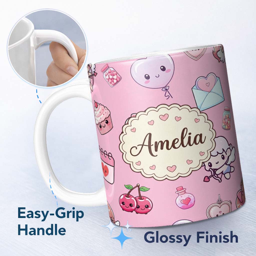 Personalized Custom Name Cute Cupid Angels Hearts Sweets Lilac Background Seamless Pattern 11oz Ceramic Coffee Tea Mug White Large Handle