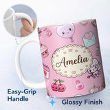 Personalized Custom Name Cute Cupid Angels Hearts Sweets Lilac Background Seamless Pattern 11oz Ceramic Coffee Tea Mug White Large Handle