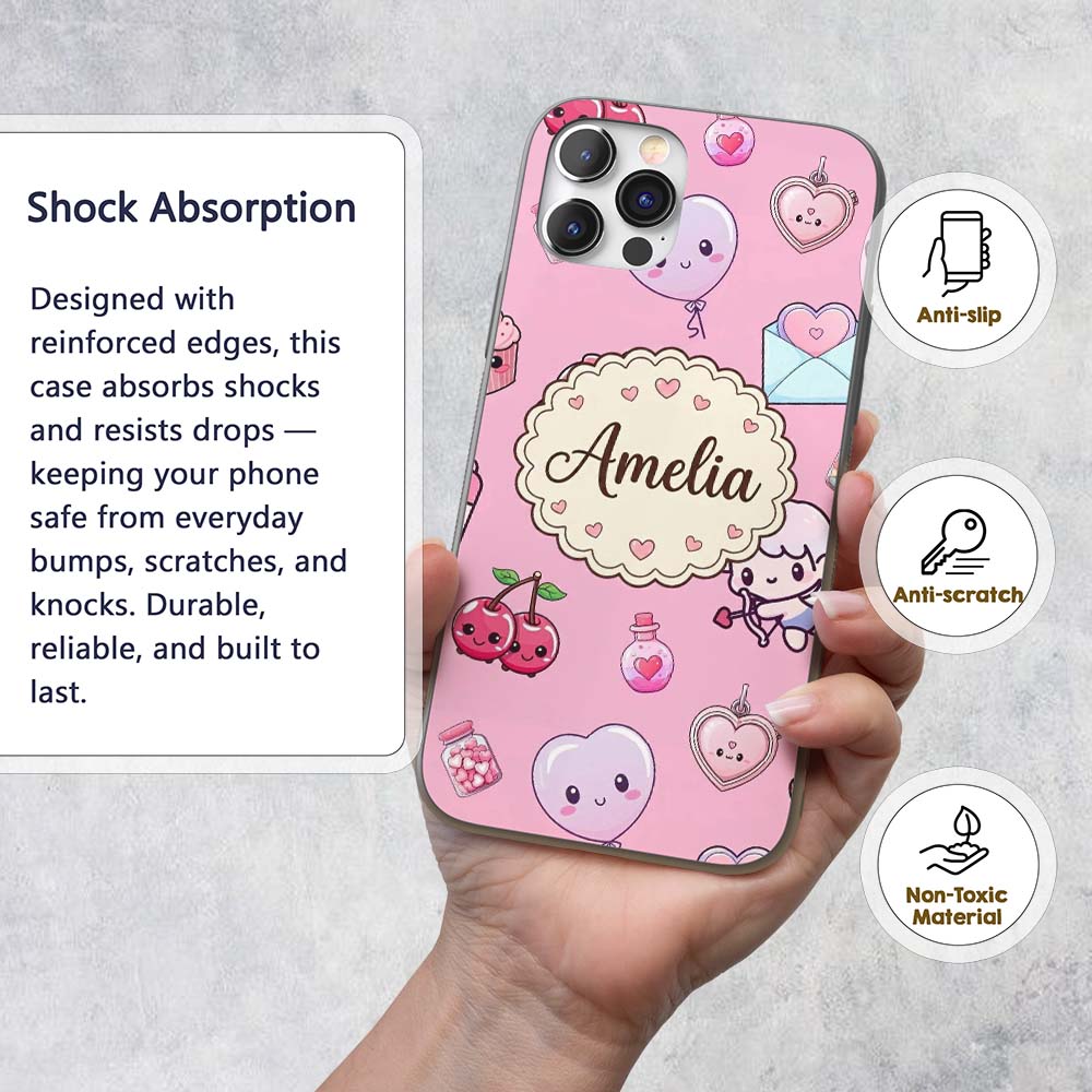 Cute Cupid Angels Hearts Sweets Lilac Background Custom Name Protective Phone Case Mobile Cover Durable Everyday Smartphone Shock Resistant