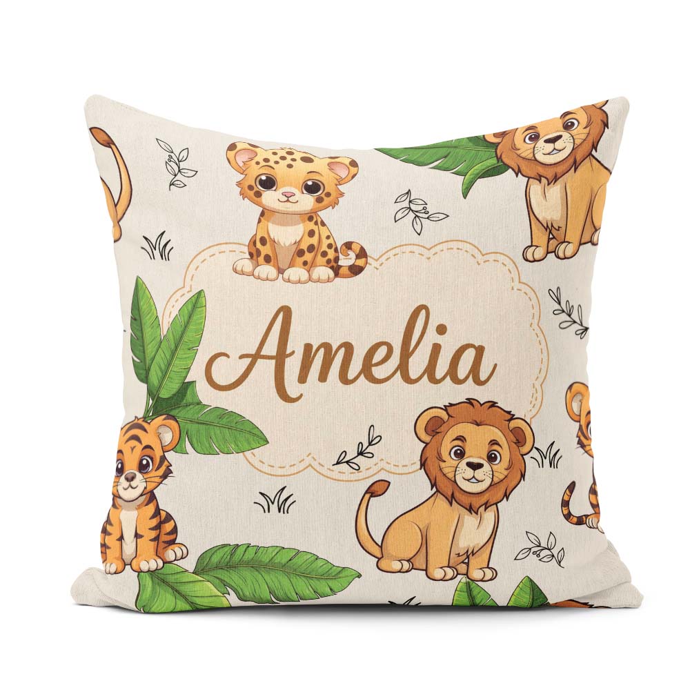 Custom Name Jungle Animals Lion Tiger Leopard Neutral Background Square Filled Cushion Throw Pillow Sofa Bed Home Decor Zip Washable UK Made
