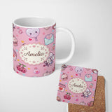 Personalized Custom Name Cute Cupid Angels Hearts Sweets Soft Pink Background Seamless 11oz Ceramic Coffee Tea Mug White Large Handle