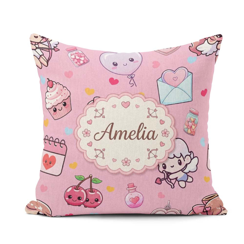 Custom Name Cute Cupid Angels Hearts Sweets Soft Pink Background Square Filled Cushion Throw Pillow Sofa Bed Home Decor Zip Washable UK Made