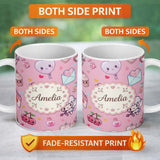Personalized Custom Name Cute Cupid Angels Hearts Sweets Soft Pink Background Seamless 11oz Ceramic Coffee Tea Mug White Large Handle