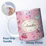 Personalized Custom Name Cute Cupid Angels Hearts Sweets Soft Pink Background Seamless 11oz Ceramic Coffee Tea Mug White Large Handle