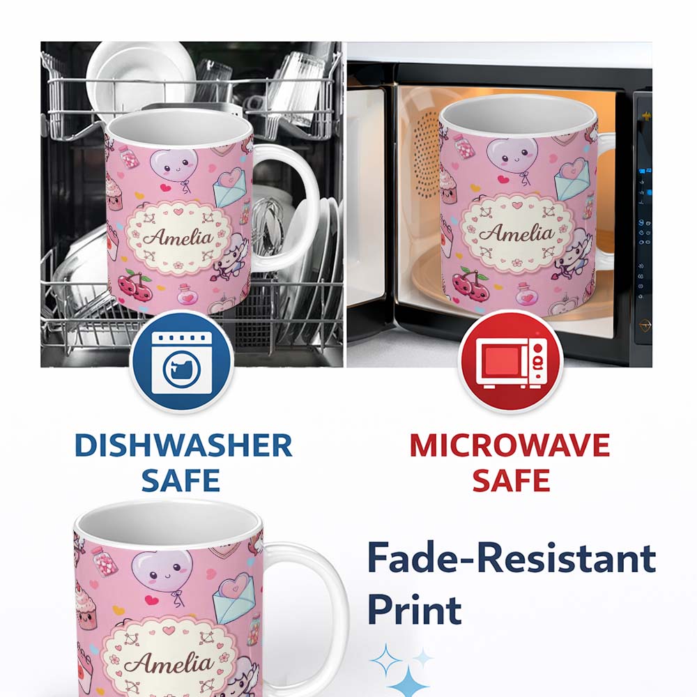 Personalized Custom Name Cute Cupid Angels Hearts Sweets Soft Pink Background Seamless 11oz Ceramic Coffee Tea Mug White Large Handle
