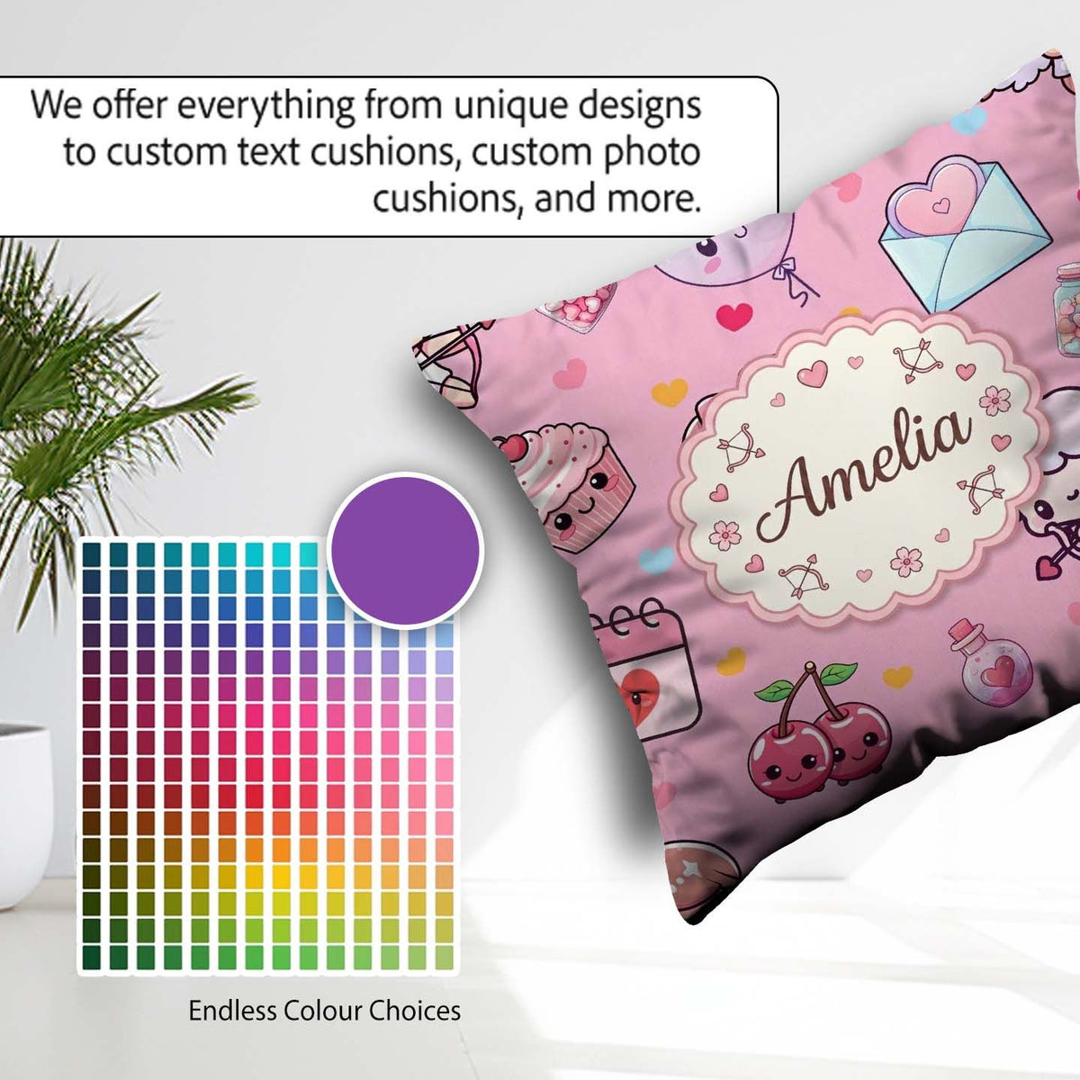 Custom Name Cute Cupid Angels Hearts Sweets Soft Pink Background Square Filled Cushion Throw Pillow Sofa Bed Home Decor Zip Washable UK Made