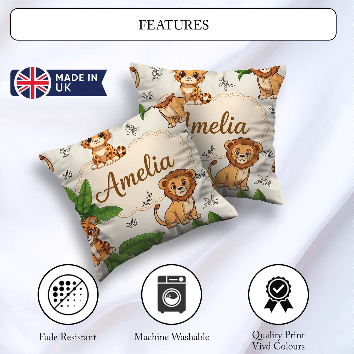 Custom Name Jungle Animals Lion Tiger Leopard Neutral Background Square Filled Cushion Throw Pillow Sofa Bed Home Decor Zip Washable UK Made