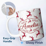 Personalized Custom Name Elegant Red Reindeer Gold Splash Festive Christmas Seamless Pattern 11oz Ceramic Coffee Tea Mug White Large Handle
