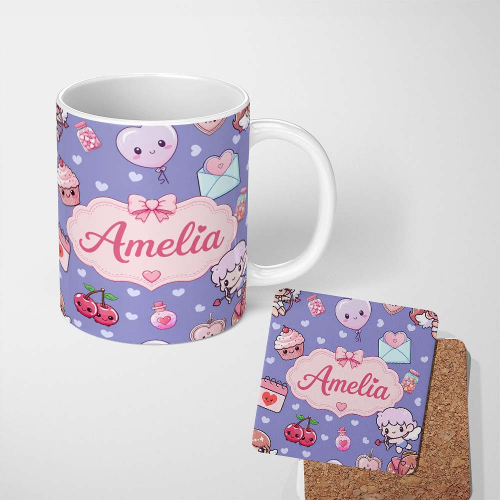 Personalized Custom Name Cute Cupid Angels Hearts Sweets Violet Seamless Pattern Name Unique 11oz Ceramic Coffee Tea Mug White Large Handle