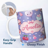 Personalized Custom Name Cute Cupid Angels Hearts Sweets Violet Seamless Pattern Name Unique 11oz Ceramic Coffee Tea Mug White Large Handle
