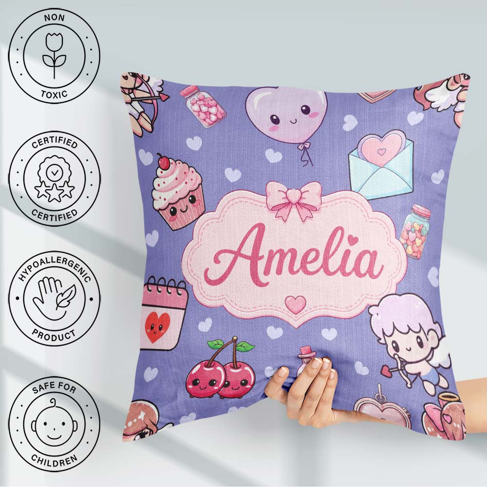 Custom Name Cute Cupid Angels Hearts Sweets Violet Seamless Name Square Filled Cushion Throw Pillow Sofa Bed Home Decor Zip Washable UK Made
