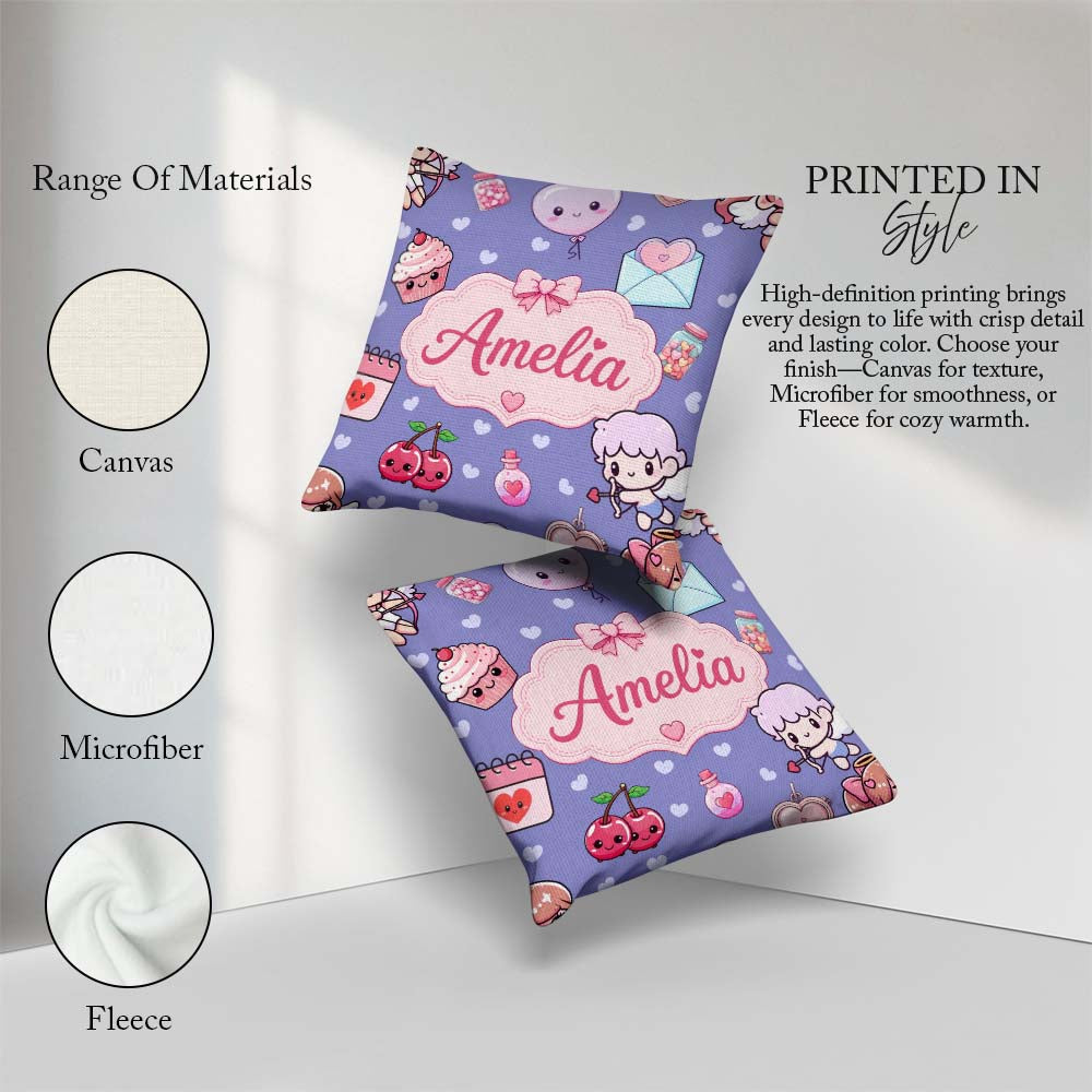 Custom Name Cute Cupid Angels Hearts Sweets Violet Seamless Name Square Filled Cushion Throw Pillow Sofa Bed Home Decor Zip Washable UK Made