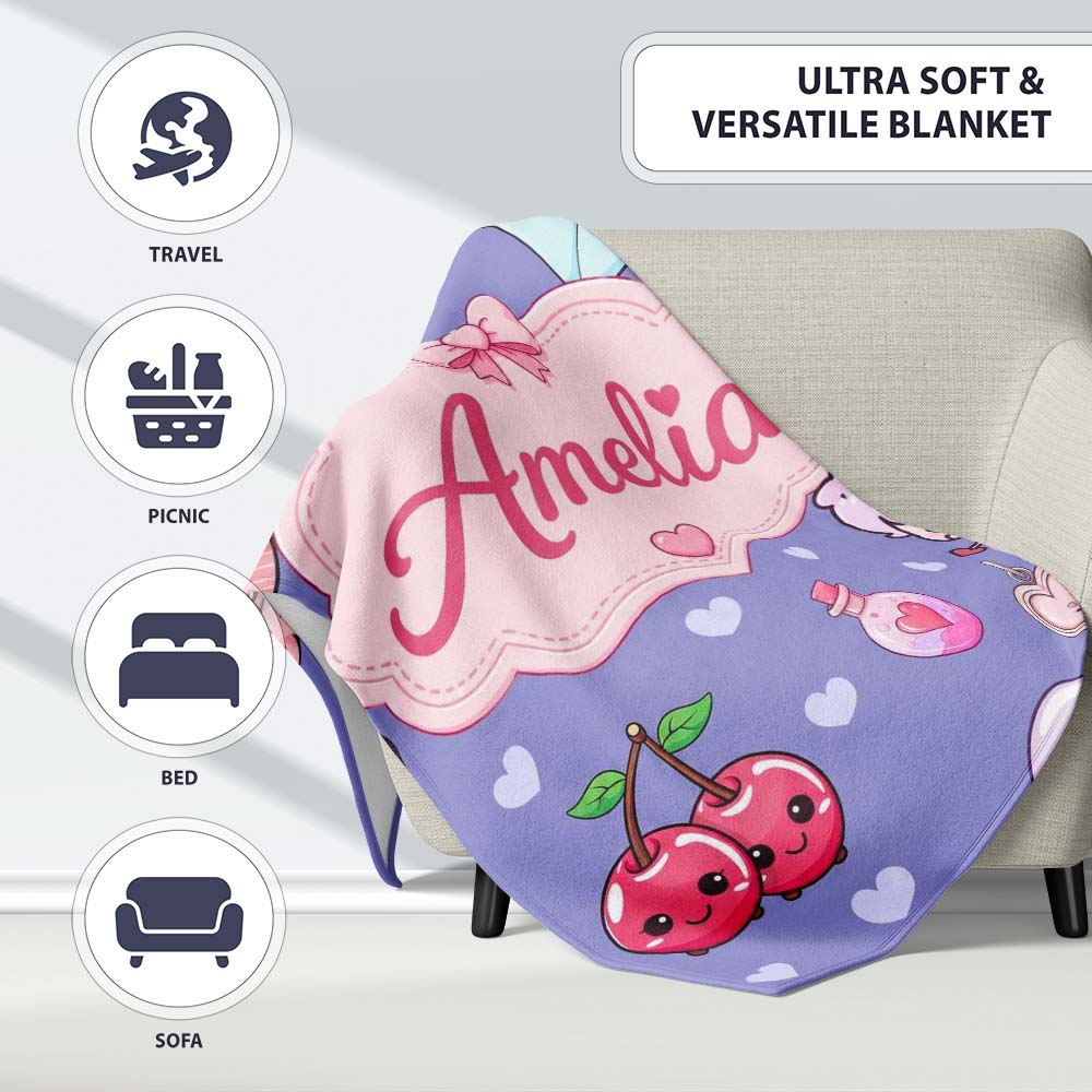 Cute Cupid Angels Hearts Sweets Violet Seamless Pattern Name Unique  Personalised Custom Name Super Soft Fleece Blanket Bed Sofa Throw