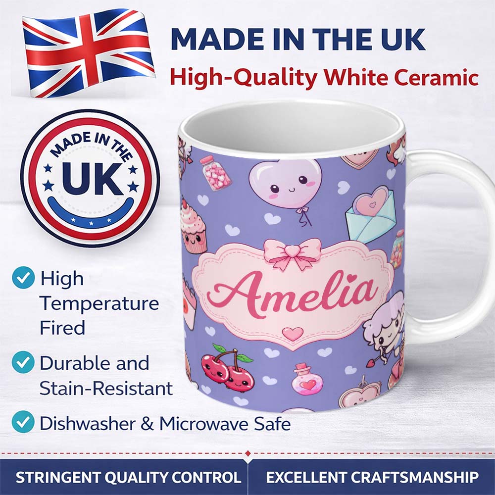 Personalized Custom Name Cute Cupid Angels Hearts Sweets Violet Seamless Pattern Name Unique 11oz Ceramic Coffee Tea Mug White Large Handle