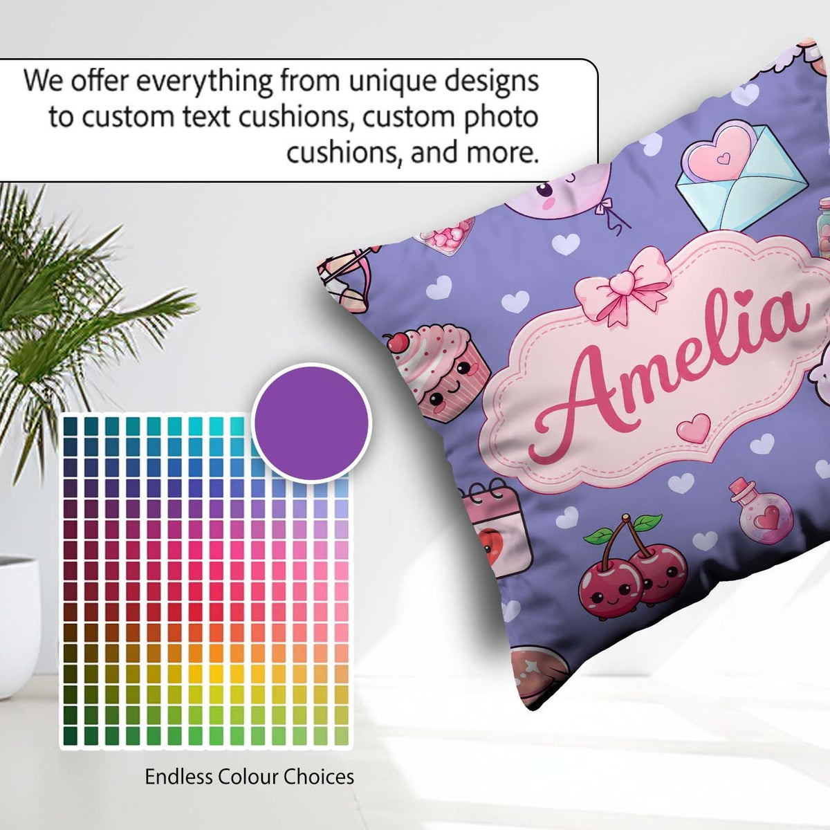 Custom Name Cute Cupid Angels Hearts Sweets Violet Seamless Name Square Filled Cushion Throw Pillow Sofa Bed Home Decor Zip Washable UK Made