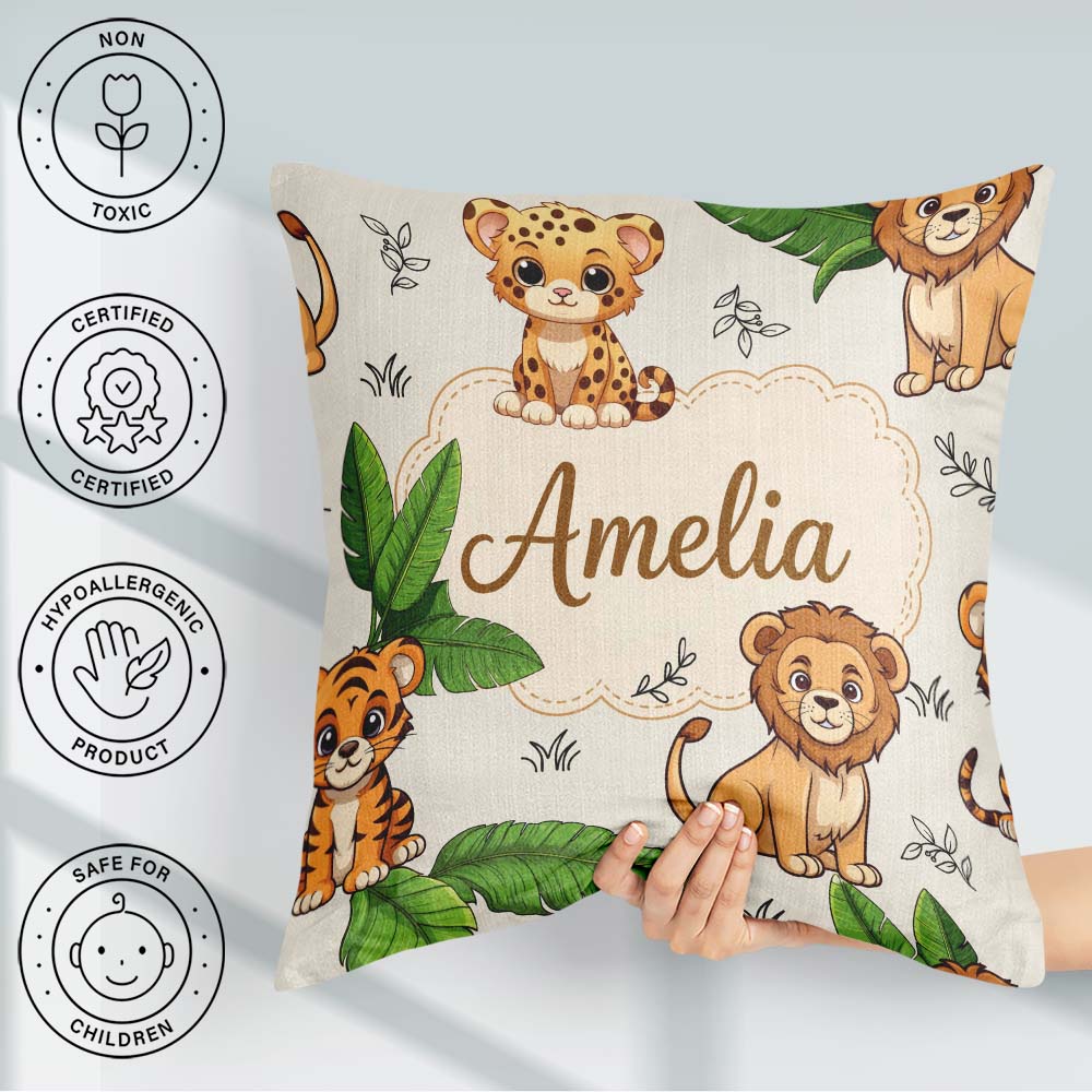 Custom Name Jungle Animals Lion Tiger Leopard Neutral Background Square Filled Cushion Throw Pillow Sofa Bed Home Decor Zip Washable UK Made