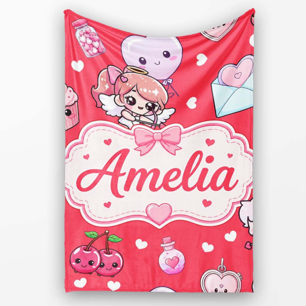 Cute Cupid Angels Hearts Sweets Red Background Seamless Pattern Name  Personalised Custom Name Super Soft Fleece Blanket Bed Sofa Throw