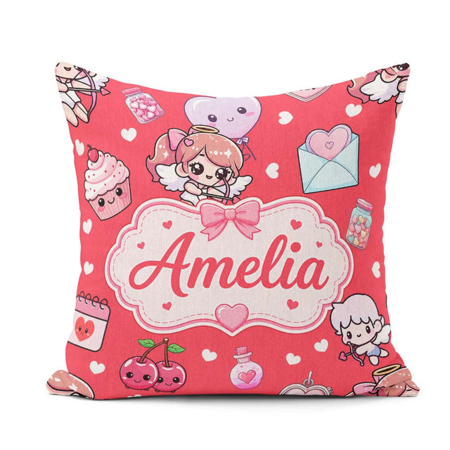 Custom Name Cupid Angels Hearts Sweets Red Seamless Pattern Name Square Filled Cushion Throw Pillow Sofa Bed Home Decor Zip Washable UK Made