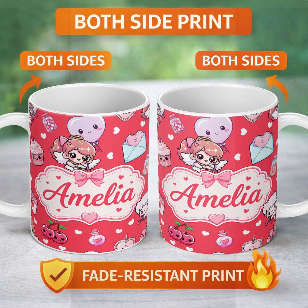 Personalized Custom Name Cute Cupid Angels Hearts Sweets Red Background Seamless Pattern Name 11oz Ceramic Coffee Tea Mug White Large Handle