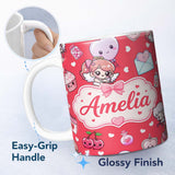 Personalized Custom Name Cute Cupid Angels Hearts Sweets Red Background Seamless Pattern Name 11oz Ceramic Coffee Tea Mug White Large Handle