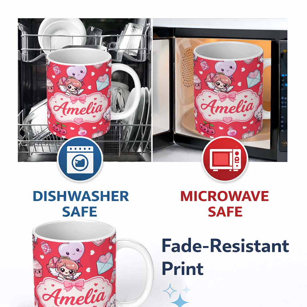 Personalized Custom Name Cute Cupid Angels Hearts Sweets Red Background Seamless Pattern Name 11oz Ceramic Coffee Tea Mug White Large Handle