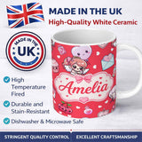 Personalized Custom Name Cute Cupid Angels Hearts Sweets Red Background Seamless Pattern Name 11oz Ceramic Coffee Tea Mug White Large Handle