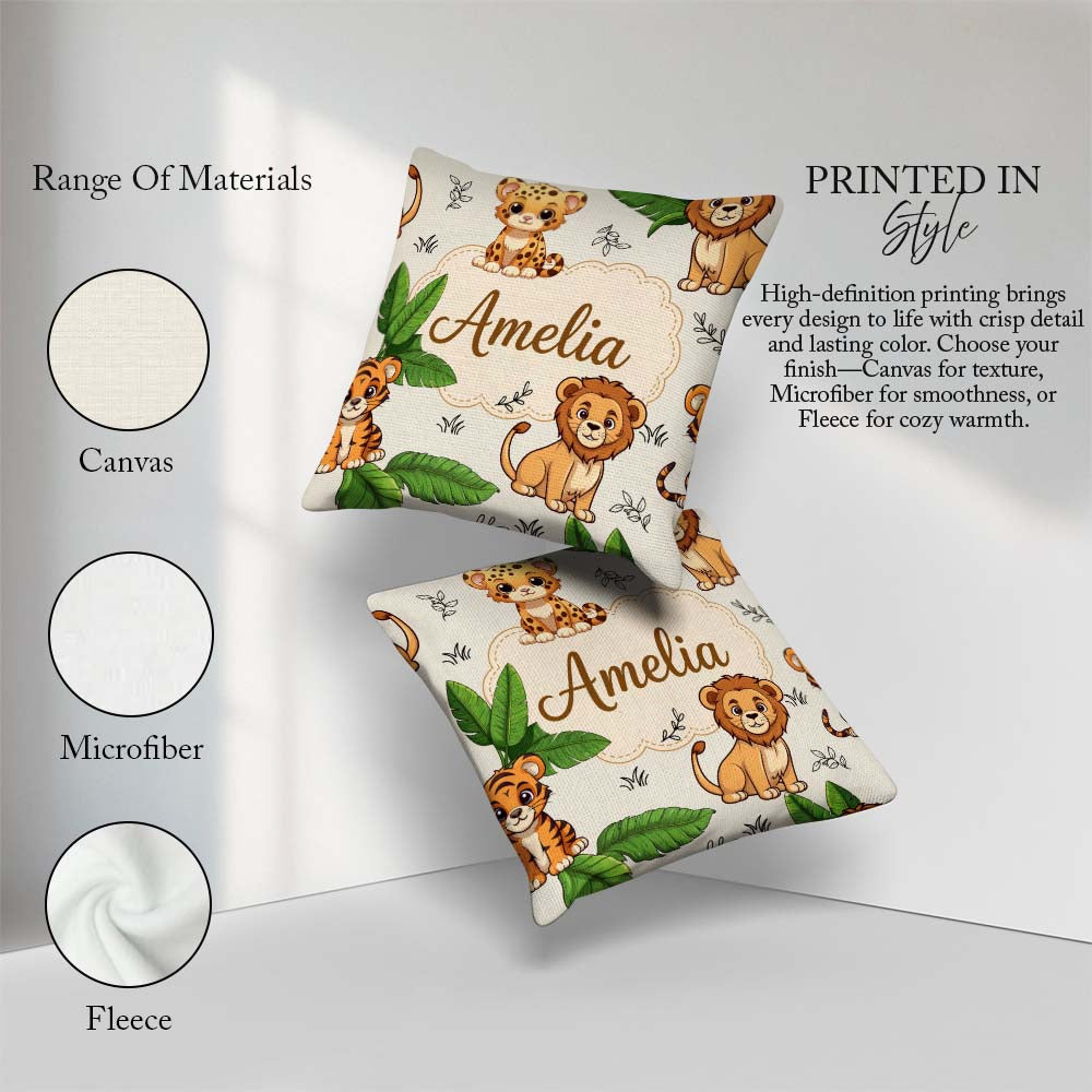 Custom Name Jungle Animals Lion Tiger Leopard Neutral Background Square Filled Cushion Throw Pillow Sofa Bed Home Decor Zip Washable UK Made