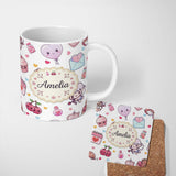 Personalized Custom Name Cute Kawaii Cupid Angels Hearts Balloons Sweets Seamless Pattern 11oz Ceramic Coffee Tea Mug White Large Handle