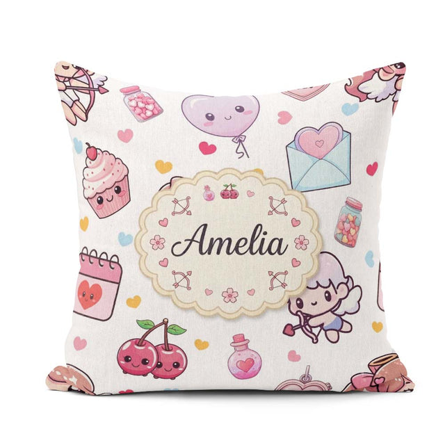 Custom Name Kawaii Cupid Angels Hearts Balloons Seamless Pattern Square Filled Cushion Throw Pillow Sofa Bed Home Decor Zip Washable UK Made