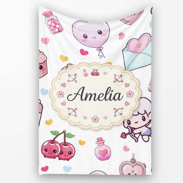 Cute Kawaii Cupid Angels Hearts Balloons Sweets Seamless Pattern  Personalised Custom Name Super Soft Fleece Blanket Bed Sofa Throw