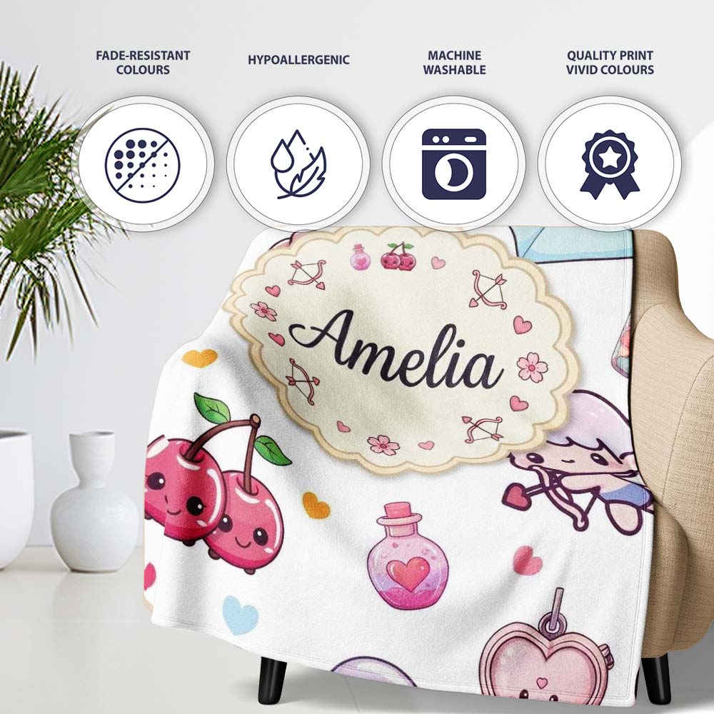 Cute Kawaii Cupid Angels Hearts Balloons Sweets Seamless Pattern  Personalised Custom Name Super Soft Fleece Blanket Bed Sofa Throw