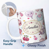Personalized Custom Name Cute Kawaii Cupid Angels Hearts Balloons Sweets Seamless Pattern 11oz Ceramic Coffee Tea Mug White Large Handle