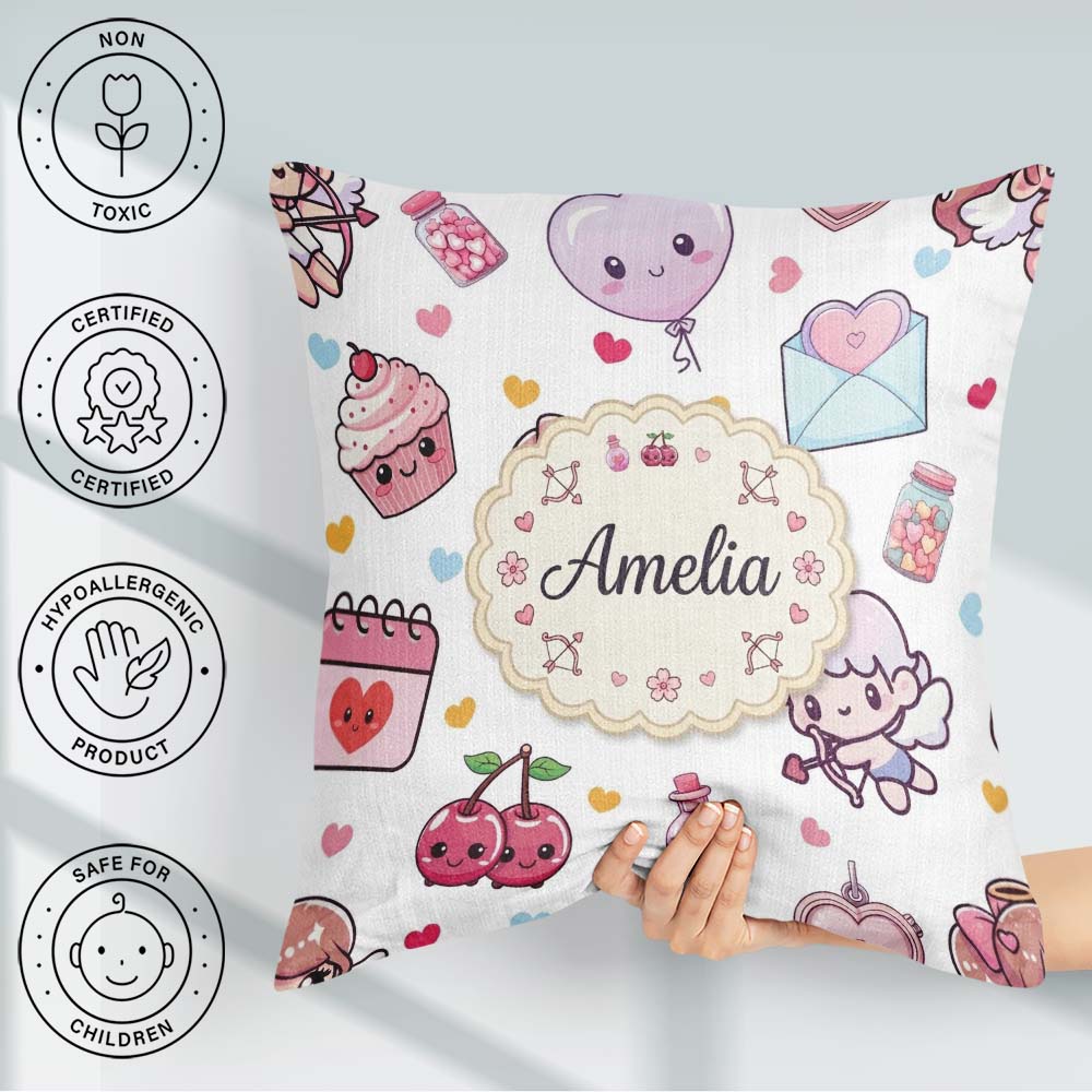 Custom Name Kawaii Cupid Angels Hearts Balloons Seamless Pattern Square Filled Cushion Throw Pillow Sofa Bed Home Decor Zip Washable UK Made