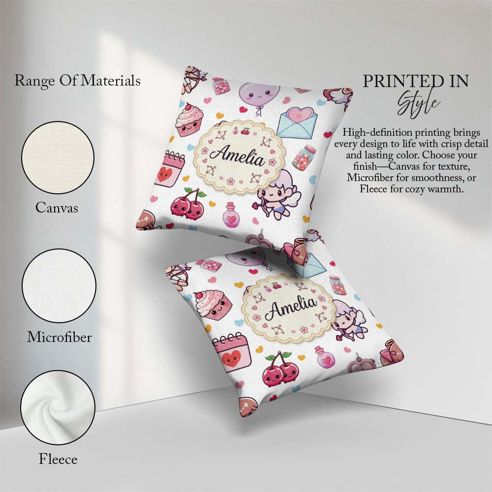 Custom Name Kawaii Cupid Angels Hearts Balloons Seamless Pattern Square Filled Cushion Throw Pillow Sofa Bed Home Decor Zip Washable UK Made