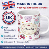 Personalized Custom Name Cute Kawaii Cupid Angels Hearts Balloons Sweets Seamless Pattern 11oz Ceramic Coffee Tea Mug White Large Handle