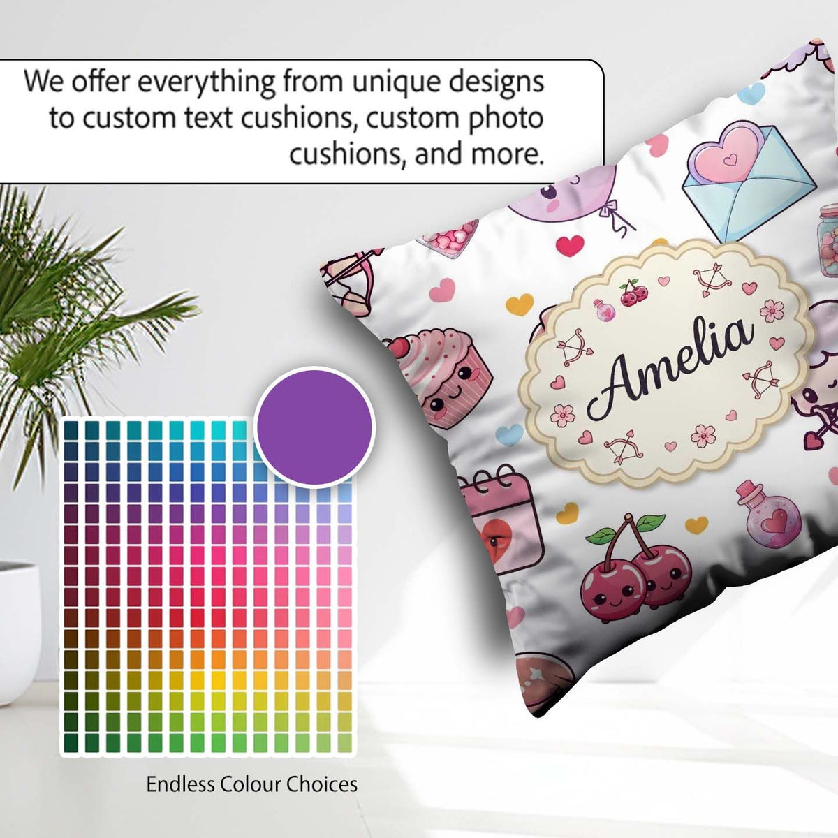 Custom Name Kawaii Cupid Angels Hearts Balloons Seamless Pattern Square Filled Cushion Throw Pillow Sofa Bed Home Decor Zip Washable UK Made