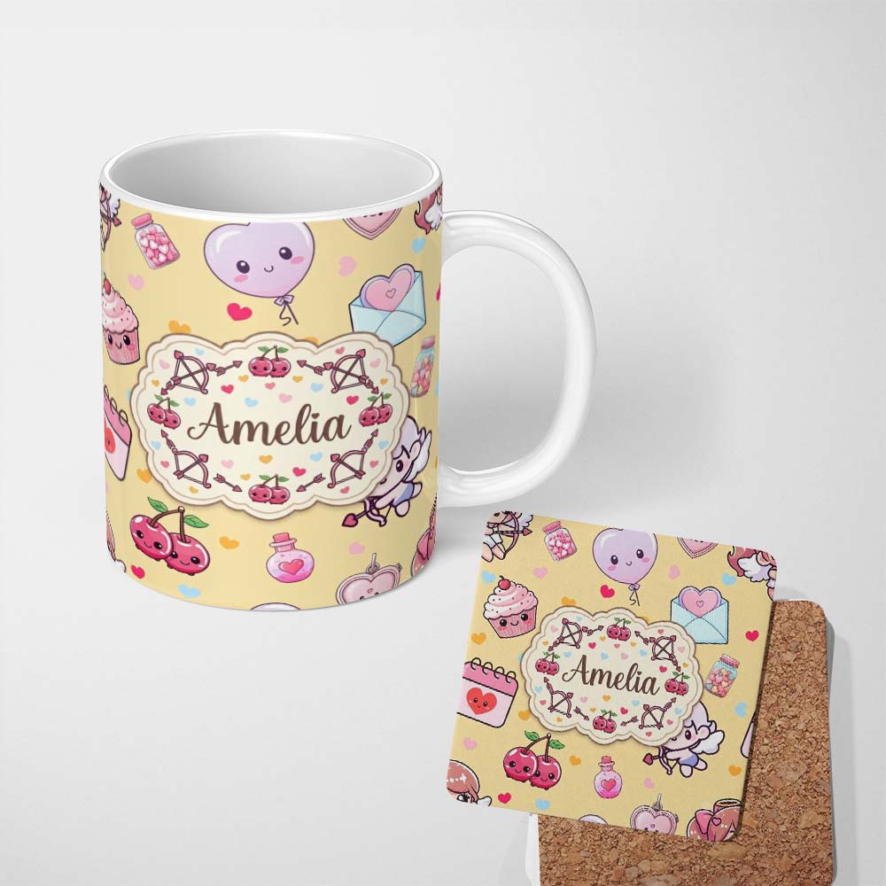 Personalized Custom Name Cute Kawaii Cupid Angels Hearts Balloons Warm Beige Seamless 11oz Ceramic Coffee Tea Mug White Large Handle