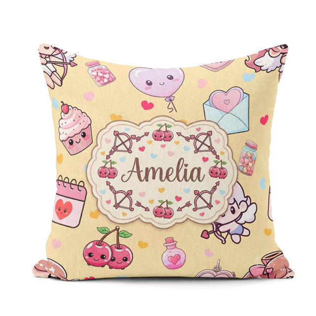 Custom Name Cute Kawaii Cupid Angels Hearts Balloons Warm Beige Square Filled Cushion Throw Pillow Sofa Bed Home Decor Zip Washable UK Made