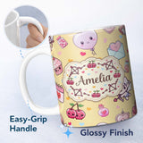 Personalized Custom Name Cute Kawaii Cupid Angels Hearts Balloons Warm Beige Seamless 11oz Ceramic Coffee Tea Mug White Large Handle