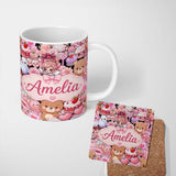 Personalized Custom Name Cute Teddy Bears Cakes Flowers Valentines Kawaii Seamless Pattern 11oz Ceramic Coffee Tea Mug White Large Handle