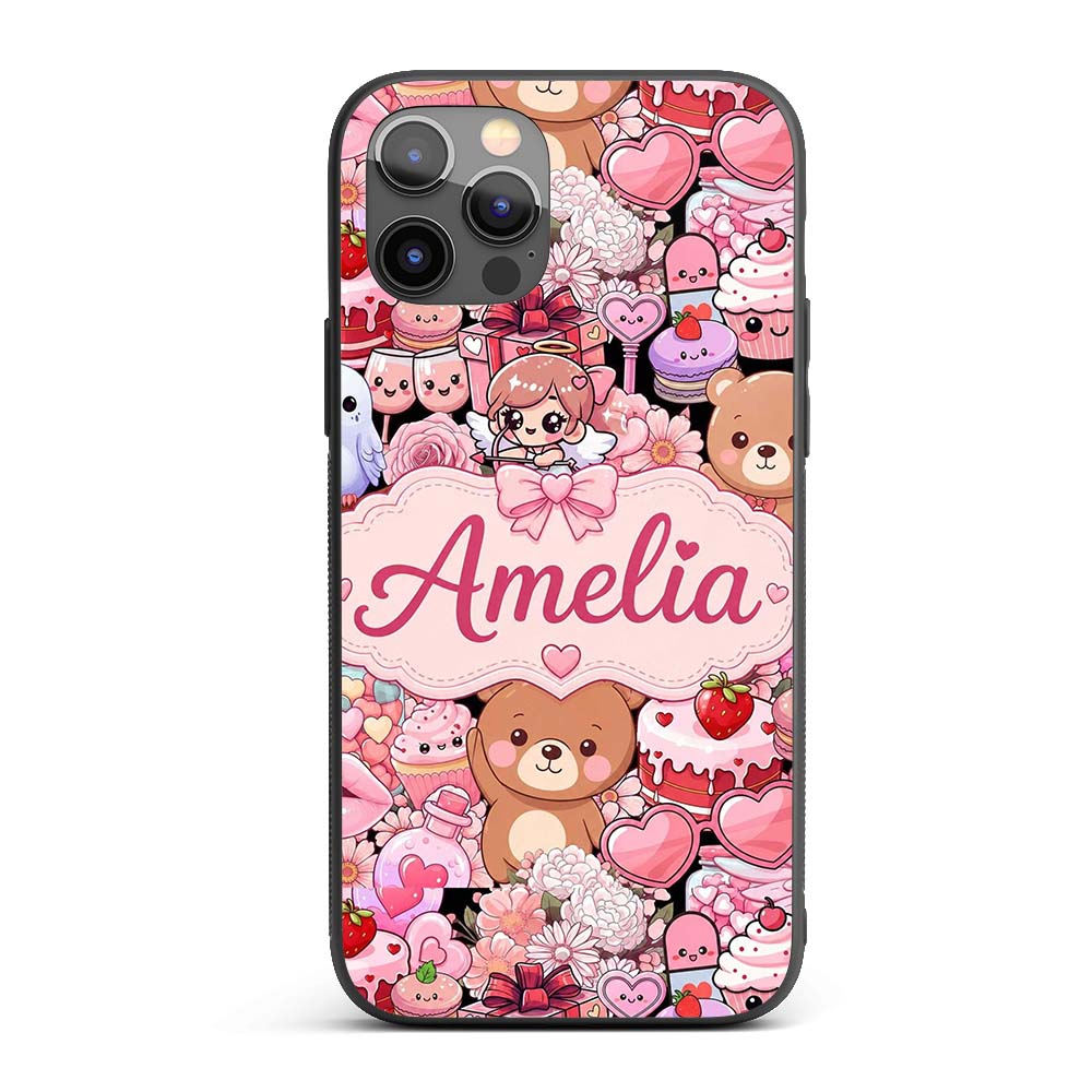 Cute Teddy Bears Cakes Flowers Valentines Kawaii Custom Name Protective Phone Case Mobile Cover Durable Everyday Smartphone Shock Resistant