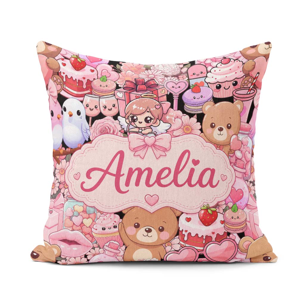 Custom Name Teddy Bears Cakes Flowers Valentines Kawaii Seamless Square Filled Cushion Throw Pillow Sofa Bed Home Decor Zip Washable UK Made