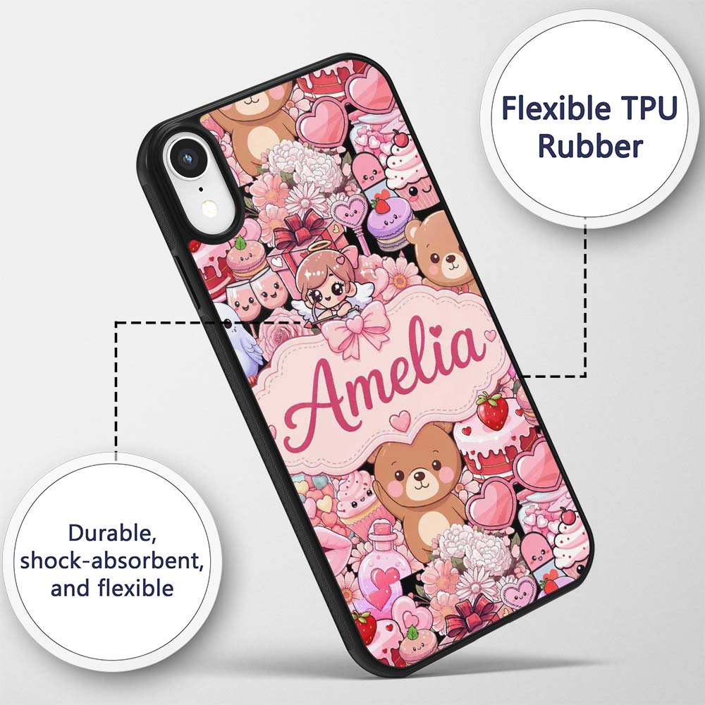 Cute Teddy Bears Cakes Flowers Valentines Kawaii Custom Name Protective Phone Case Mobile Cover Durable Everyday Smartphone Shock Resistant