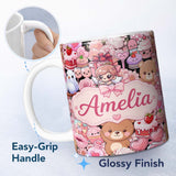 Personalized Custom Name Cute Teddy Bears Cakes Flowers Valentines Kawaii Seamless Pattern 11oz Ceramic Coffee Tea Mug White Large Handle
