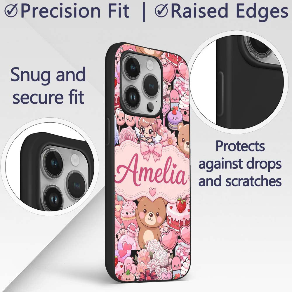 Cute Teddy Bears Cakes Flowers Valentines Kawaii Custom Name Protective Phone Case Mobile Cover Durable Everyday Smartphone Shock Resistant